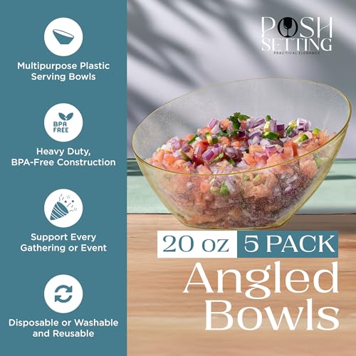 5 Pack Gold Angled Plastic Serving Bowl Disposable for Party Table 2oz | Angled Bowl Design. Chip, Candy, Salad & Fruit Use. Disposable Party Tableware. Buffet & Wedding Serving. Gold Plastic. - color: Gold Glitter, size: Medium 20 OZ