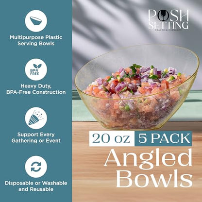 5 Pack Gold Angled Plastic Serving Bowl Disposable for Party Table 2oz | Angled Bowl Design. Chip, Candy, Salad & Fruit Use. Disposable Party Tableware. Buffet & Wedding Serving. Gold Plastic. - color: Gold Glitter, size: Medium 20 OZ