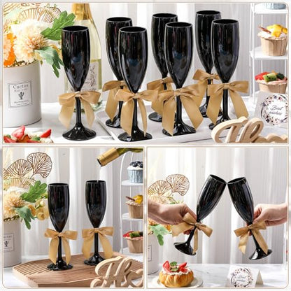 Zopeal Plastic Reusable Champagne Flute Glasses 6 oz and 50 Pcs Bow Set Acrylic Wedding Toasting Goblet 3.5" Bow Unbreakable Wine Cup for Bachelorette Bridal Shower Party(Black and Gold) - color: Black and Gold