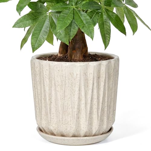 10 Inch Ceramic Planter Pot with Saucer Drainage Leak-Proof Mesh,Flower Pots for Indoor Plants with Gardening Gloves,Ceramic Planter(Silk White) - color: Silk White, size: 10 Inch
