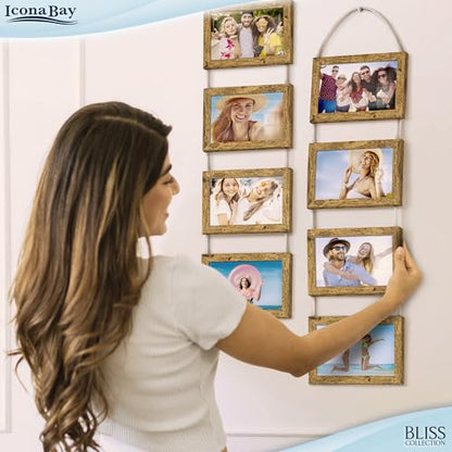 4x6 Hanging Picture Frames Collage with 8 Openings - Rustic Brown, 2 PK | Icona Bay casual style engineered wood frames, designed for wall hanging, space-saving photo display, Bliss collection - color: Rustic Brown, size: 4x6