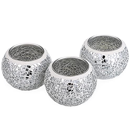 OwnMy 3PCS Mosaic Glass Tea Light Holders Round Bowl Votive Candle Holders | Silver Mosaic Glass Pillar Candle Stands, Glass Mosaic Tealight Candle Holders Set for Wedding Table Centerpieces Home Decors - color: Silver