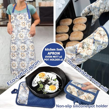 Oven Mitts and Pot Holders with Cooking Apron Set of 5, Heat Resistant Kitchen Gloves and Silicone Non-Slip Potholders, Adjustable Neck Buckle Chef Apron, Cotton Nice Design for Cooking (Blue Retro) - color: Blue Retro