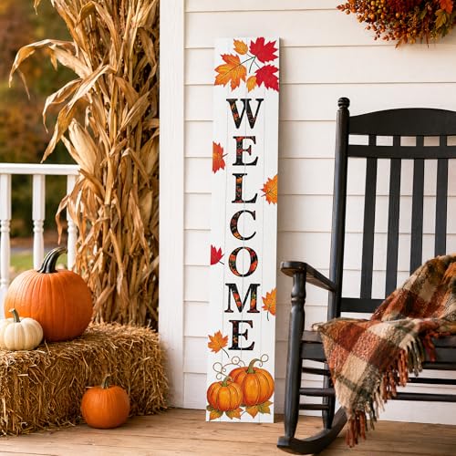 Vertical Wooden Fall Welcome Porch Sign,Rustic Autumn Porch Standing Sign,Decorative Leaning Sign for Front Entrance,Farmhouse Style Outdoor Welcome Decoration-47.2" H.