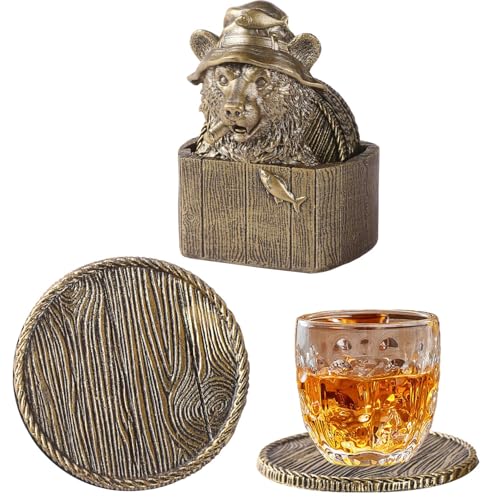Cabin Coasters Set 6 Full Size Non-Slip Bar Coasters, Indoor Christmas Decorations, Man Cave Gifts for Men, Rustic Handmade Decor for The Home (Bear) - style: Bear-02