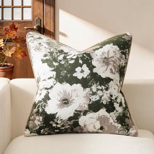 Kevin Textile Neutral Vintage Floral 18x18 Inch Pillow Cover 1 Pack, Beige | Soft Neutral Retro Flowers Embroidered Texture Lumbar Pillow Cover Accent Decorative Pillowcase for Couch Sofa Chair Bed - color: Floral Green, size: 18" x 18" (Pack of 1)