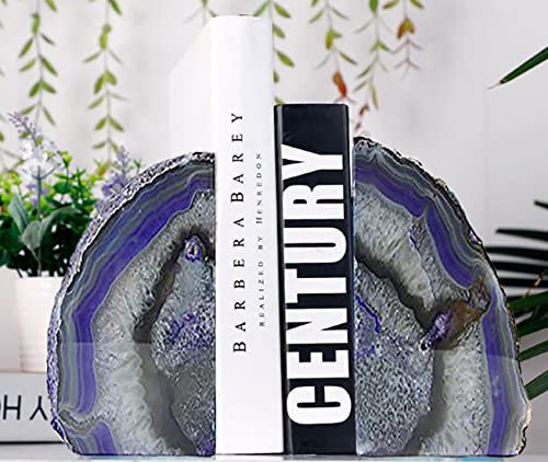 JIC Gem Purple Agate Geode Bookend with Non-Skid Rubber Bumpers for Shelves | Decorative Crystal Stone Book Holders,Polished Gemstone Book Stoppers,Home Office Decor Dyed Purple1 Pair,2-3 Lbs, - color: Purple Dyed, size: 2-3LBS.