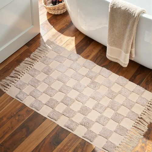 Boho Bathroom Rugs with Tassels 2'x3' Cute Checkered Bath Mat Beige Cotton Rug Fits Perfectly Into Your Bath Machine Washable Woven Rug, 24 x 36 inch - color: Checkered Cream, size: Small(2'x3')