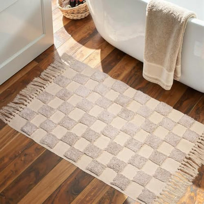 Boho Bathroom Rugs with Tassels 2'x3' Cute Checkered Bath Mat Beige Cotton Rug Fits Perfectly Into Your Bath Machine Washable Woven Rug, 24 x 36 inch - color: Checkered Cream, size: Small(2'x3')