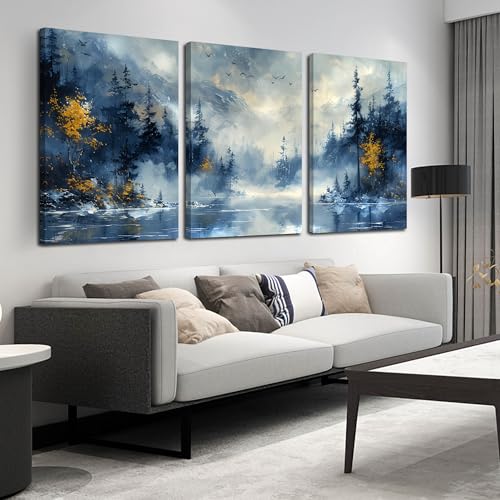 SIXTTART Tree Pictures Wall Decor Bedroom - Blue Wall Art for Living Room - Large 3 Piece Canvas Wall Art for Office Size 24" x 36" - color: Blue 3, size: 36"L x 24"W x 3PCS