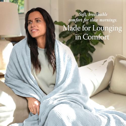 Threadmill Luxury Cotton Blankets for Queen Size Bed | All-Season 100% Cotton Queen Size Blanket | Herringbone Cozy, Soft Breathable Fall Thermal Blanket fits Full Size Bed | Light Blue | 100% Cotton, Herringbone Pattern, 90x92 in, Breathable, Moisture-Wi