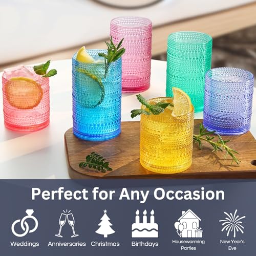 Khen Plastic Hobnail Drinking Glasses Set of 12 Bright Tones Cups 6x 10oz Lowball & 6x 1oz Highball Acrylic Beaded Design, BPA-Free, Dishwasher Safe Indoor/Outdoor Drinkware Water, Juice, Cocktails - color: Sunshine Colors, style: Set of 12