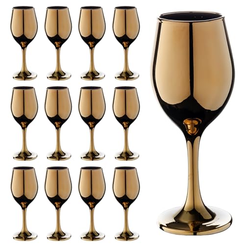 Vikko Decor Gold Wine Glasses: 11 Oz Fancy Stemmed Goblets - Thick & Durable - Dishwasher Safe - Great For Wine Tasting - Set Of 12 Decorative Glasses - color: Gold
