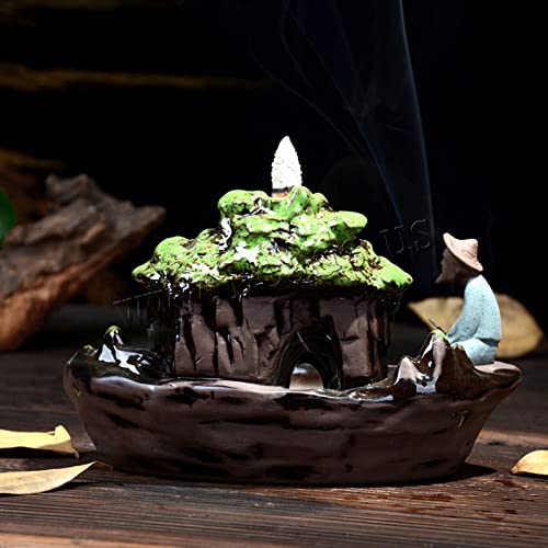Guilin Landscape Backflow Incense Burner, Handmade Ceramic Waterfall Incense Stick Cone Holder with 20 PCS Incense Cones and 30 PCS Incense Sticks