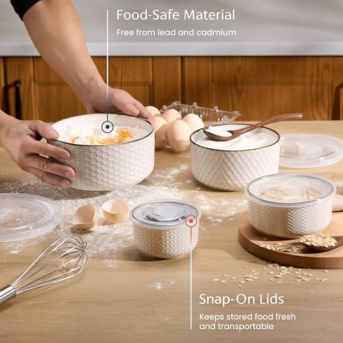 KooK Serving Bowls, with Lids, Ceramic Nesting Bowls, Set of 4, Embossed, Kitchen, Prep, Stackable, Gift, Microwave and Dishwasher Safe, 10/16/29/47 oz, Narbonne Collection (Ivory) - size: 47 Oz