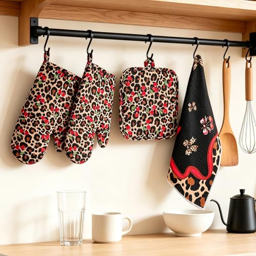 6-Piece Cheetah Cherry Oven Mitts and Pot Holders Set for Cooking | Gloves with Kitchen Towels, Heavy Duty Heat Proof Kitchen Essentials for Cooking, Baking, Grilling