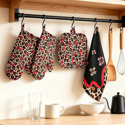 6-Piece Cheetah Cherry Oven Mitts and Pot Holders Set for Cooking | Gloves with Kitchen Towels, Heavy Duty Heat Proof Kitchen Essentials for Cooking, Baking, Grilling