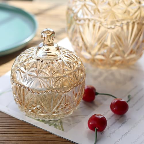 Amber Crystal Glass Candy Snack Jar Fall Candy Dish Embossed Luxury Cookie Buffet Canister With Lid Jewelry Box - color: Crown-Amber
