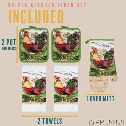 5 Piece Printed Kitchen Linen Set, 2 Cotton Towels, 2 Potholders, 1 Oven Mitt with Hanging Loop, 100% Cotton Material on Front & Polyester Backing, Kitchen Gadget (Rooster) - color: Rooster