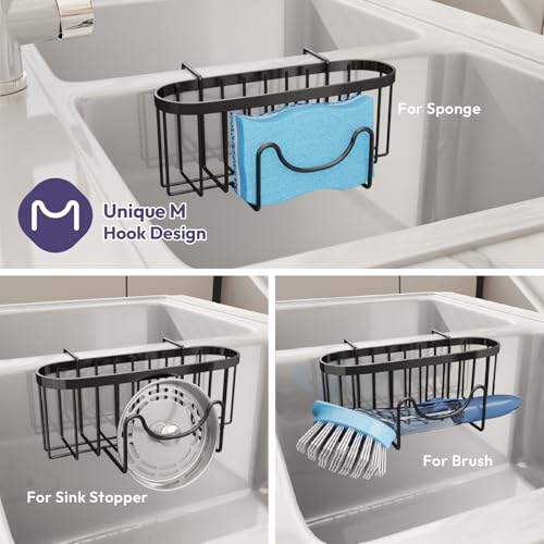 SWTYMIKI Sponge Holder for Kitchen Sink - Movable Kitchen Sink Caddy with M Shape Hook Stainless Steel Hanging Sponges Caddy Organizer in Double Bowl Sinks Depth>3.15in, Middle Divider<1.5in, Black L - color: Black-large