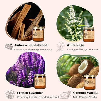 Scented Candles for Women, 4-Pack 9 oz Soy Candle Set for Home, 36 oz Total | Lavender, Amber-Sandalwood, White Sage & Coconut Vanilla. Soy Wax Aromatherapy Candles for Birthdays & Valentine's Day Gifts - color: 4 Pack Amber Jar Candles Set