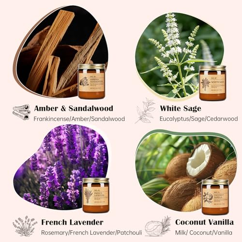 Scented Candles for Women, 4-Pack 9 oz Soy Candle Set for Home, 36 oz Total | Lavender, Amber-Sandalwood, White Sage & Coconut Vanilla. Soy Wax Aromatherapy Candles for Birthdays & Valentine's Day Gifts - color: 4 Pack Amber Jar Candles Set