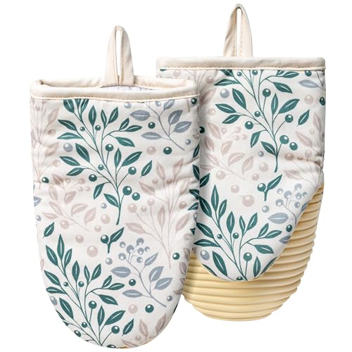 Mini Oven Mitts Set - 5.5” x 8.6” Small Heat Resistant Kitchen Mitt with Non-Slip Silicone Grips Palm, Soft Filling Washable Gloves with Hanging Loop for Home Cooking Baking Picnic (Leaf) - color: Green