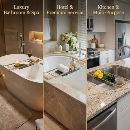Expandable Stainless Steel Bathtub Caddy Tray with White Marble Board, | Extra Wide Rustproof Shelf, Book Tablet & Wine Glass Stand For Luxury Home Spa(Gold+Green) - color: Gold+green