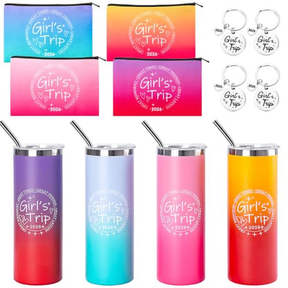 4 Pack 2026 Girls Trip Tumbler Gift Set | 20oz Insulated Stainless Steel Tumbler, Splash-proof Lid, Cosmetic Bags & Keychains, Girls Weekend Party Favors - color: Style 2