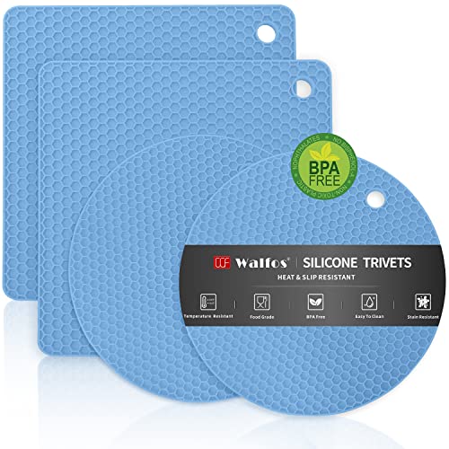 Walfos Silicone Trivet Mats - 4 Heat Resistant Pot Holders, Multipurpose Non-Slip Hot Pads for Kitchen Potholders, Hot Dishers, Jar Opener, Spoon Holder, Food Grade Silicone & BPA Free (Nordic Blue) - style: 7.1+7in, 4 Nordic Blue Round + Rectangle