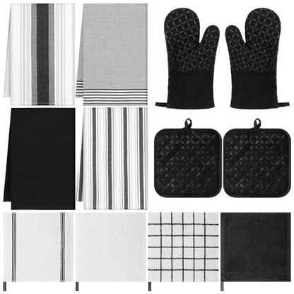 LemonRoad 12 Pcs Oven Mitts Kitchen Towels Dishcloths with Pot Holders Sets Dish Towels Sets Oven Gloves Heat-Resistant Pot Pads with Silicone for Kitchen Cooking Baking(Black) - color: Black