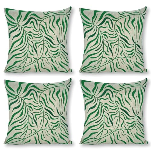 Boho Abstract Leaf Throw Pillow Covers Green Leaf Linen Pillow Cases 18x18 Inch Square Cushion Pillowscover Modern Farmhouse Decor Set of 4 for Sofa Bedroom Living Room Car - color: Boho Abstract Leaf, size: 18" x 18" (Pack of 4)