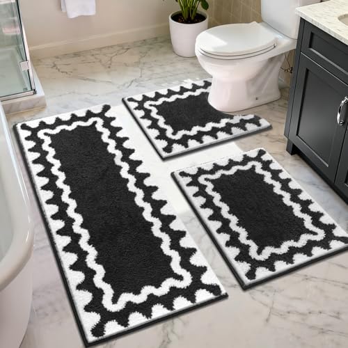 Findosom Bathroom Rugs Sets 5 Piece, Absorbent Soft Non-Slip Bath Rug Set | Washable Microfiber Shaggy Bath Mat Set with Bathroom Runner Rug, U-Shaped Toilet Rugs, Shower Rug & Toilet Lid Cover, Black - color: Black & White, size: 18"x26"+20"x32"+20"x48"+