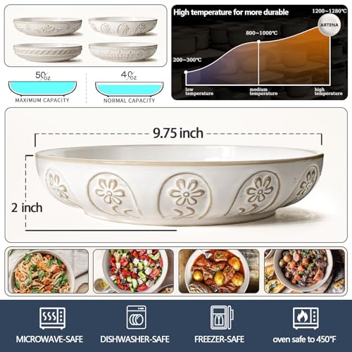 Pasta Bowls, 50oz Large Salad Serving Bowls, 9.75'' Plates Bowls Set of 4, Big White Ceramic Soup Bowls for Kitchen, Embossment Shallow Dinner Bowl, Microwave Dishwasher Safe, Pinwheel Flower - color: White (Pinwheel Flower)