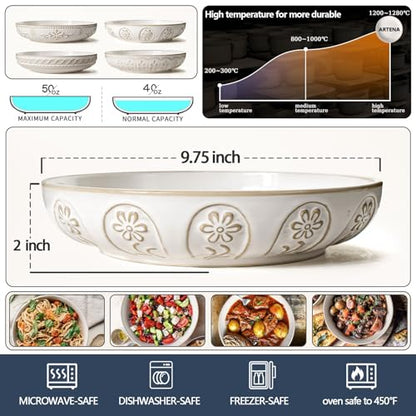 Pasta Bowls, 50oz Large Salad Serving Bowls, 9.75'' Plates Bowls Set of 4, Big White Ceramic Soup Bowls for Kitchen, Embossment Shallow Dinner Bowl, Microwave Dishwasher Safe, Pinwheel Flower - color: White (Pinwheel Flower)