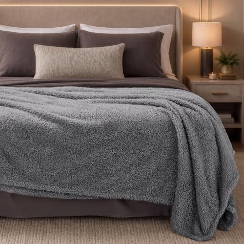 Bare Home Faux Shearling Blanket (King, Solid Grey) | Blanket for Bed, Sofa, Couch, Camping, Travel, and Gifts, Warm & Lightweight, Fluffy & Soft - color: 03 - Solid Grey, size: King