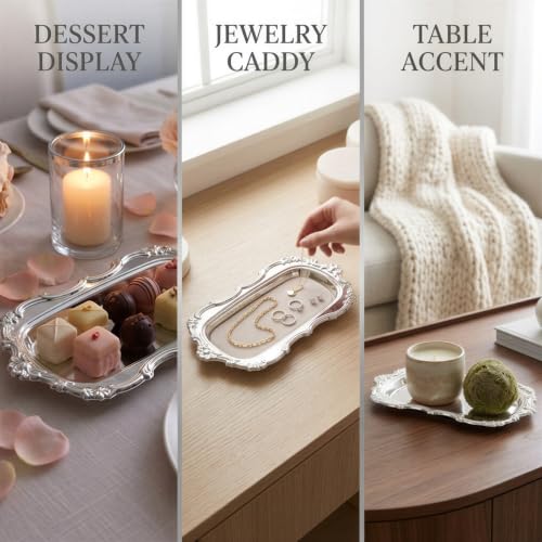 Silver Iron Serving Tray, 7.9 x 4.7 in Rectangular Decorative Plate, Embossed Classic Dessert Holder, Light Luxury Style for Snack Fruit Display and Jewelry Organizer