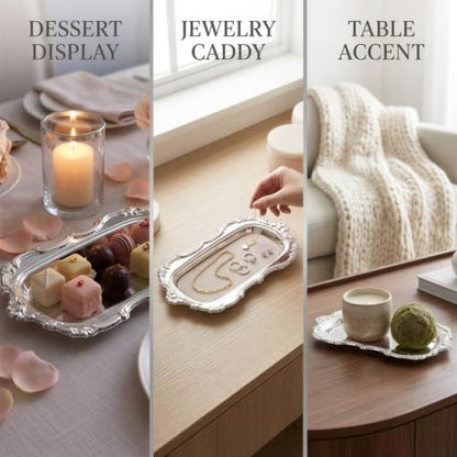 Silver Iron Serving Tray, 7.9 x 4.7 in Rectangular Decorative Plate, Embossed Classic Dessert Holder, Light Luxury Style for Snack Fruit Display and Jewelry Organizer