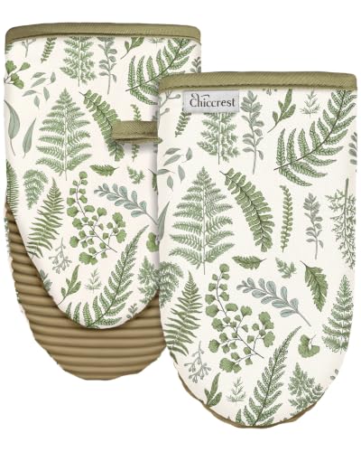 100% Thick Cotton Oven Mitts Ribbed Soft Silicone Natural Leaf | Aesthetic Oven Mitts for Women, Machine Washable Non-Slip Kitchen Mitts, Reversible for Both Hands, Stylish Kitchen Decor - color: Green Leaf