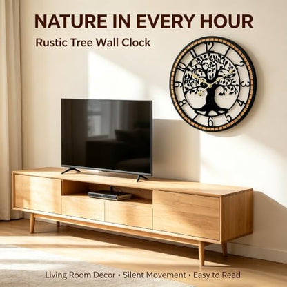 Large Wall Clock for Living Room Decor 22 Inch Tree of Life Metal Wall Art, Non-Ticking Battery Operated Metal Black with Solid Wood Frame for Office/Bedroom/Kitchen/Dining Room Decoration - size: B 22 Inch
