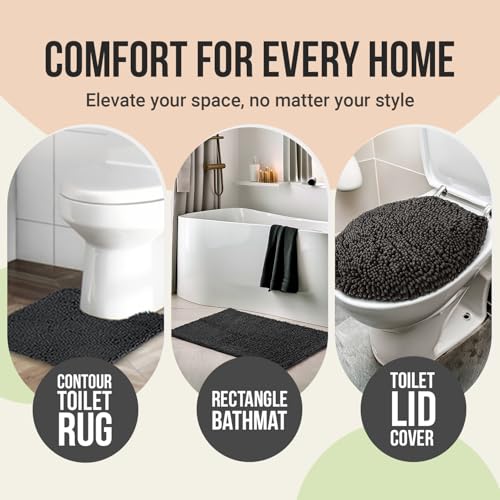 Standard 3pc Non-Slip Shaggy Chenille Bathroom Mat Set, Includes 24"x21" U-Shaped Contour Toilet Rug, 34"x 21" Bathmat and 1 Toilet Lid Cover, White - color: White, size: 24''x21’’, 34’’x21’’ and TLC (Set)