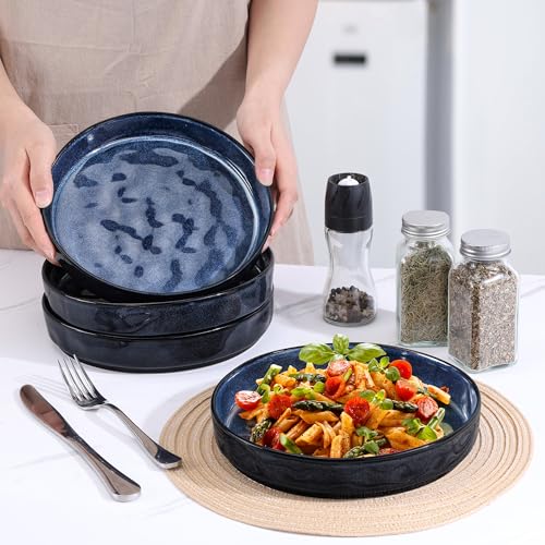 LIANYU 33oz Pasta Bowls Sets of 4, Wide Shallow Stoneware Dinner Plates | 8.25’’ Large Ceramic Serving Bowls for Salad, Noodles, Soup, Cereal, Microwave & Dishwasher Safe, Cetacean Blue - color: Cetacean Blue