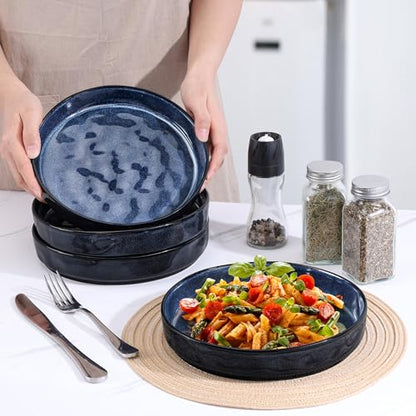 LIANYU 33oz Pasta Bowls Sets of 4, Wide Shallow Stoneware Dinner Plates | 8.25’’ Large Ceramic Serving Bowls for Salad, Noodles, Soup, Cereal, Microwave & Dishwasher Safe, Cetacean Blue - color: Cetacean Blue