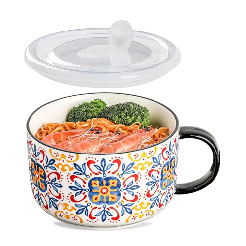 Jumbo Ceramic Soup Bowl with Lid, Microwave Safe - Pattern C | Soup Mug with Big Handle for Ramen Cereal Breakfast Meal Prep Office Lunch Dorm Living - 38 oz Extra Large Food Container - color: Pattern C, size: Set of 1
