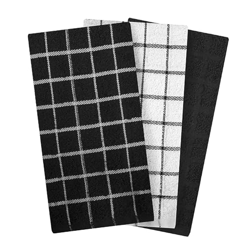 Ritz Premium 100% Cotton Terry Check Kitchen Dish Towels - Highly Absorbent, Super Soft, Long-Lasting, 25"x15", 3-Pack, Black - color: Black, size: 3-Pack - Kitchen Towel