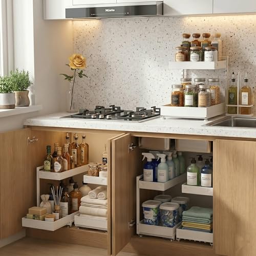 TATAANTY Under Sink Organizer, L-Shaped Metal 2-Tier Double Pull-Out Drawer for Kitchen & Bathroom Cabinets, Adjustable Height Storage - 50lbs Heavy Duty Waterproof 2PCS Height Adjustable - color: Cream White