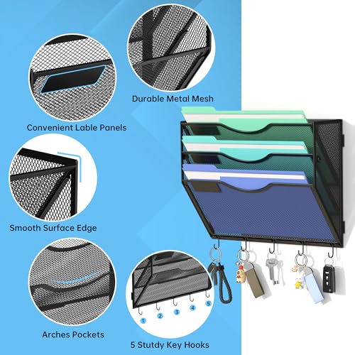 Gawerk Hanging Wall File Organizer, 3 Tier | 5 Hooks, Wall Mounted, Sturdy Mesh, For Office Home - size: 3 Tier