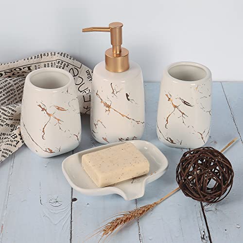 4 Pcs Creative Golden White Ceramics Bathroom Accessories Set, Include Lotion Dispenser Soap Pump, Toothbrush Holder, Tumblers, Soap Dish (Ceramic White)