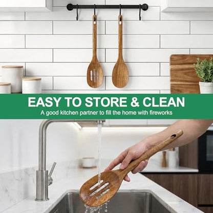 Wooden Spoon for Cooking Utensil Non Toxic Serving Mixing Slotted Spoon Set | Acacia Wood Utensils for Cooking Spoons Large Kitchen Spatula Long Stirring Spoon Scoop Korean Teak Soup Ladle Baking Spoon - color: SLOTTED+COOKING SPOONS