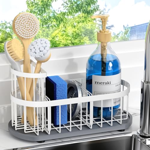 Sink Caddy Kitchen Sink Organizer, Sponge & Brush Holder, Stone Drying Mat | Space-Saving Sink Sponge Holder with Full-Size Tool Storage, Fits Most Sinks, Kitchen Sink Accessory and Countertop Organizer - color: White